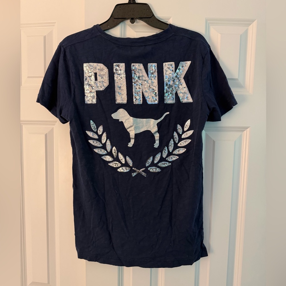 Victoria's Secret Pink bling campus tshirt navy silver sequin tee✨